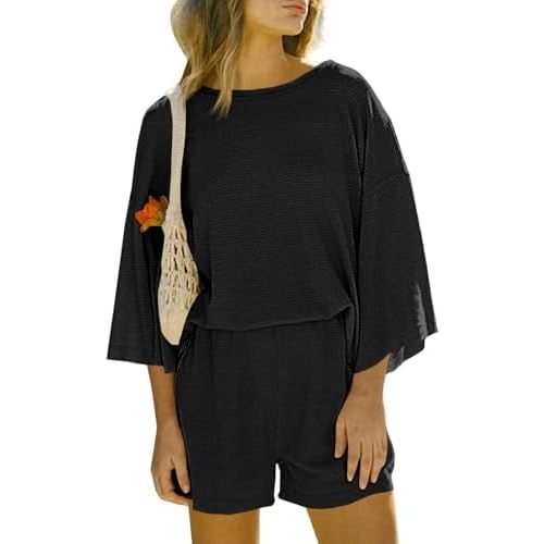 Tankaneo Womens Short Sets 2 Piece Outfits 3/4 Sleeve Tops and Elastic Waist Shorts Lounge Set Casual Loungewear