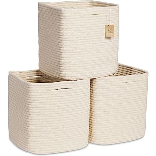 NaturalCozy Storage Cubes 11 Inch Cotton Rope Woven Baskets for Organizing, 3-Pack | Cube Storage Bin | Square Storage Baskets for Shelves Organizer, Classroom, Kids Toy Bins, Closet, Baby Nursery