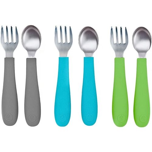 WeeSprout Toddler Utensils, 3 Forks & 3 Spoons, 18/8 Stainless Steel & Food Grade Silicone, Thick Easy-Grip Handles, Perfect Length For New Self Feeders, Gentle On Gums & Teeth, Dishwasher Safe