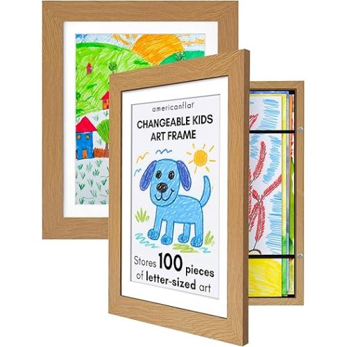 Kids Artwork Frame Changeable (Dark Oak) - Magnetic Door Holds 100 Art Pieces - 8.5x11 Letter Size Display with Mat or 10x12.5 Without Mat - My Mini Masterpiece (Set of 2)