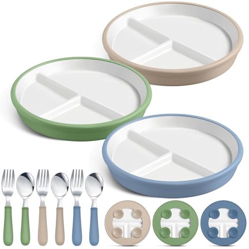 Teenyyou 3 Pack 8" Large Porcelain Toddler Plates Feeding Set, Ceramic Kids Suction Plates with Anti Slip Silicone Sleeve for Baby 3 Spoons and Forks Divided Kids (Blue,Green,Beige)