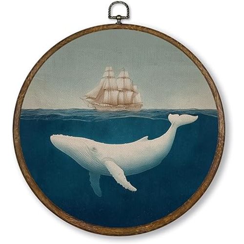 Qskjre Vintage Whale Ship Wall Art Decor, Ocean Boat Beluga Whale Round Wood Framed Canvas Wall Artwork, Rustic Sea Animal Hanging Prints for Nursery Bedroom Beach House Decorations, 10x10inch