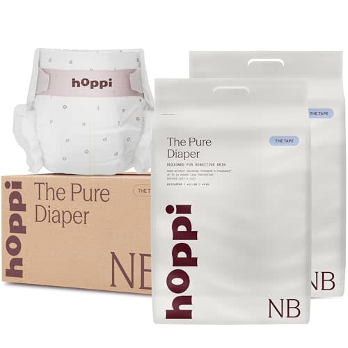 Hoppi Pure Baby Diapers Newborn, 124 Count, Up to 11 lbs | TCF Hypoallergenic Comfort, Umbilical Cut-Out, Breathable Softness, Wetness Indicator Care for Sensitive Newborn Skin