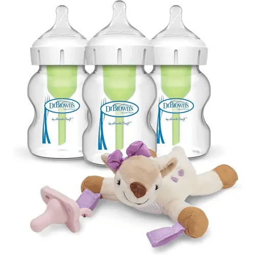 Dr. Brown’s Natural Flow® Anti-Colic Options+™ Wide-Neck Glass Baby Bottles 5 oz/150 mL, with Level 1 Slow Flow Nipple, 3 Pack & Deer Lovey with HappyPaci Pacifier, 0m+