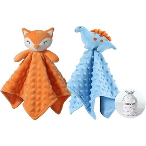CREVENT Cozy Plush Baby Security Blanket, Loveys for Baby Girls and Boys, Birthday (Fox + Dinosaur)