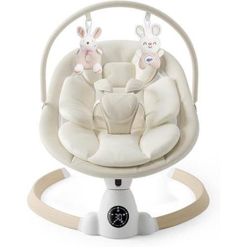 Baby Swing for Infants, Portable Electric Baby Swings with Bluetooth, 5 Swing Speed, 10 Melodies, 5-Point Harness, Remote Control & Touch Panel - Infant Swing for Indoor & Outdoor Use, Beige