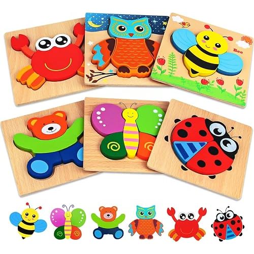 Wooden Montessori Puzzles for Toddlers 1-3, Montessori Toys for 1 2 3 Years Old Girls Boys Baby Kids Toddler Puzzle Ages 2-4 Learning Educational Christmas Birthday Gifts 6 Pack Animal Jigsaw Puzzle