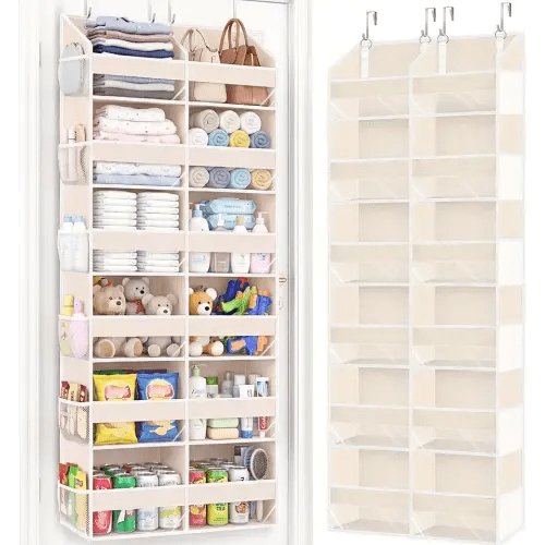 Over the Door Organizer 6 Tiers, Extra Large Behind Door Storage of 12 Compartments,80 lbs Weight Capacity Hanging Storage Organizer with Clear Window Kids Toys, Shoes, Diapers,Beige