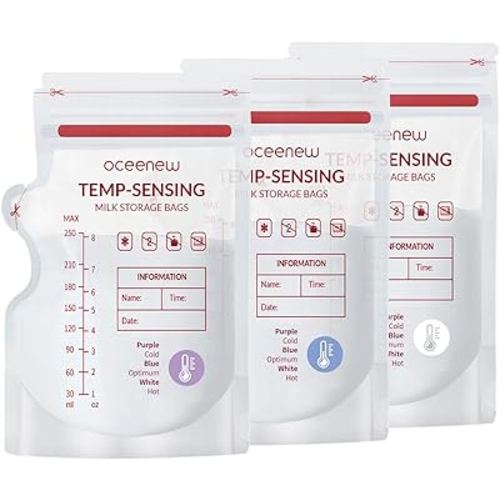 Breastmilk Storing Bags,Disposable Self Standing No-Leak Milk Storage Pouches,Temp-Sensing Discoloration Freezer Milk Storing Bags for Breastfeeding(8 Ounce 240pcs,BPA Free)