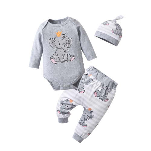 Newborn Infant Baby Boy Clothes Long Sleeve Romper Pants Headband Hat Outfits Set ( 0-3 Months, Grey)