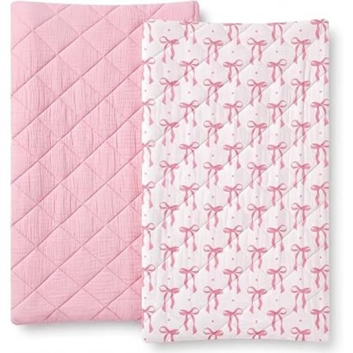 Frienda 2 Pack Pink Bow Changing Pad Covers Waterproof 32 x 16 Inch