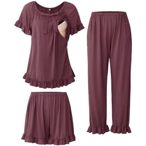 SUNNYBUY 3Pcs Ruffle Trim Postpartum Nursing Pajamas Set with Bowknot, Maternity Breastfeeding PJS Pregnancy Sleepwear