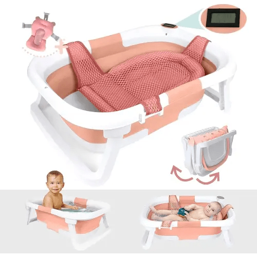 BEBELEH™ Collapsible Baby Bathtub with Thermometer – Bathtub + Baby tub Sling + Newborn Sling – Baby Bathtub Newborn to Toddler 0-24 Months – The Ultimate Baby Bath tub! (with Thermometer,Pink)