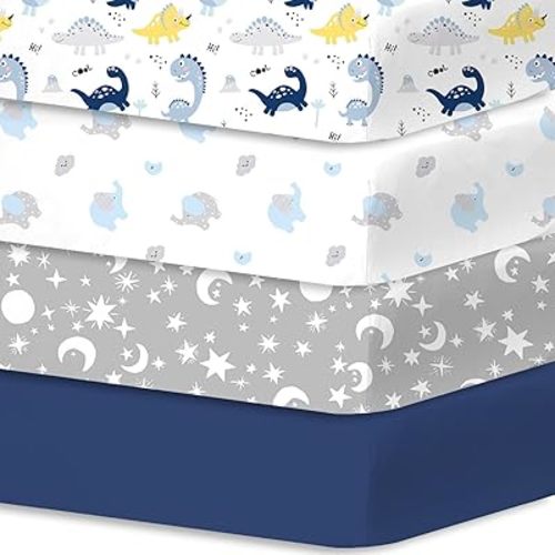 Bimocosy Crib Sheets 4 Pack for Boys and Girls, Baby Neutral Crib Fitted Sheets for Standard Crib & Toddler Mattress, Super Soft Breathable Fitted Crib Sheet Set 52"x28", (Dinosaur)