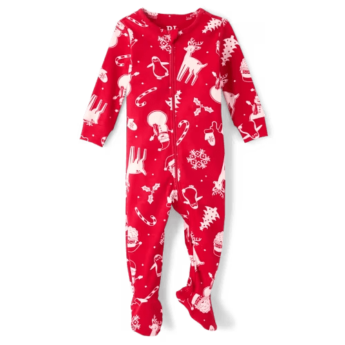 Baby And Toddler Matching Family Christmas Icon Snug Fit Cotton Footed One Piece Pajamas - red