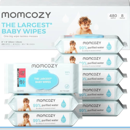 Momcozy Baby Wipes-Extra Large Size Design, 99% Water Based, Unscented & Hypoallergenic, Cleansing & Moisturizing Baby Wipes for Sensitive Skin, 8 Flip-Top Packs (480 Wipes Total)