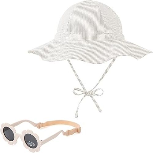 Zando UPF 50+ Wide Brim Baby Sun Hat with Sunglasses 0-12M - Sun Protection Infant Toddler Bucket Hat Adjustable for Outdoor