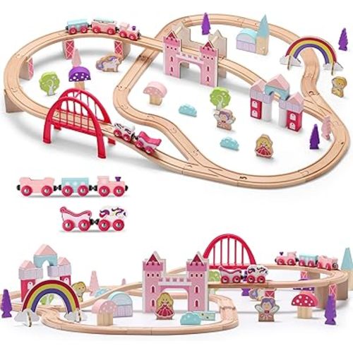 SainSmart Jr. Wooden Train Set 72 PCS Pink Train Set with Unicorn for Toddlers, Train Track Set Fit for Major Brands, Toddler Girl Toys with Castle - Ideal Train Toys Gift for 3 4 5 Year Old Girl