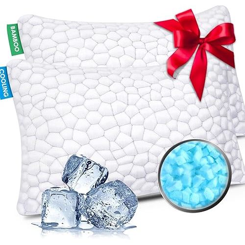 Cooling Bed Pillows Queen Size Set of 2, Shredded Memory Foam Pillows for Sleeping, Adjustable Firm Pillow for Side Back Stomach Sleepers, Gel Cool Pillow for Hot Sleepers Neck Support