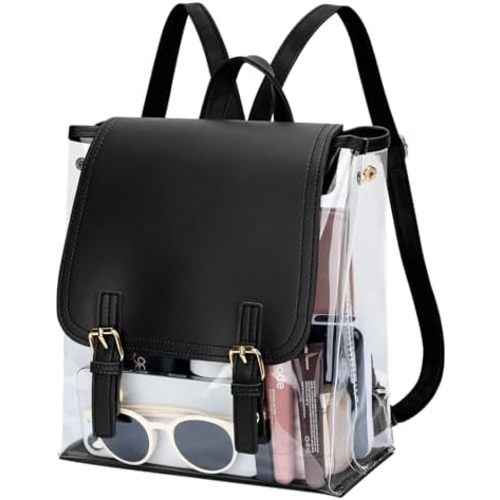 KKXIU Girls Clear Backpack Stadium Approved Transparent PVC Women Clear Bookbag with Leather for Sports Event, Concert (Black)