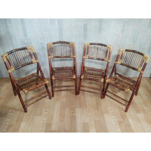 ✨ 4 Vtg. Tortoise Shell Boho Children's Bamboo Rattan Burnt Wood Folding Chairs✨