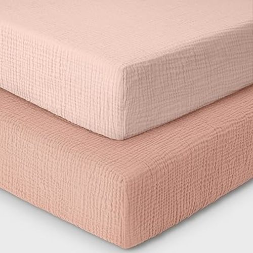 Cotton Mini Crib Sheets,2 Pack,Crib Sheets Girls,100% Muslin Crib Sheets,Soft,Breathable crib sheets for Boys,Pack and Play Sheets Fitted,Pack n Play Sheets,24x38 Crib Sheets |Rose and Pink