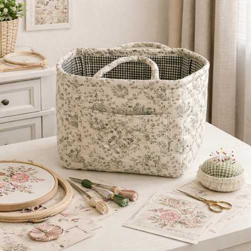Large Quilted Project Bag for Knitting & Embroidery, Toile Fabric Craft Storage Basket with Pockets and Handles, Mother's Day gift