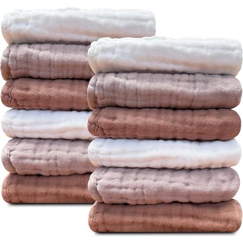 Sunny zzzZZ Baby Muslin Washcloths -100% Cotton Muslin Soft Absorbent Large Baby Bath Wash Cloths for Newborns Kids Girls and Boys -12 Pack, 12x12 Inches - White+Light Bean Paste Series