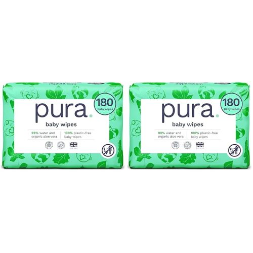 Pura Baby Wipes, 180 Count, Plastic-Free | Sensitive Skin | 99% Water | Fragrance Free | Plant Based