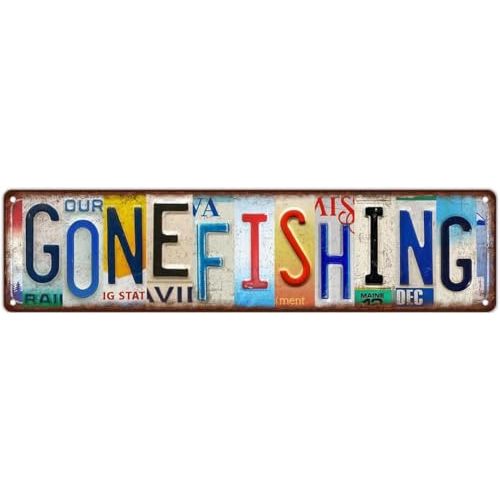 Retro Gone Fishing Metal Decorative Sign, Vintage Street Signs Tin Plaque, 16 x 4 inches, Suitable for Lounge, Office, Bar, Cafe, Home Wall Fishing Decor, Fish Stuff Art, Gifts for Boys or Fishermen