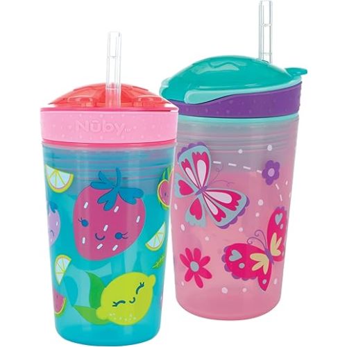 Nuby All in One Snack Bowl and No Spill Soft Straw Cup - 2 Pack Pink Butterflies & Aqua Fruits - Snack N' Sip, Holds: 4.5 oz Container with Lid and 9 oz/ 270 ml Straw Cup (12 Months +)