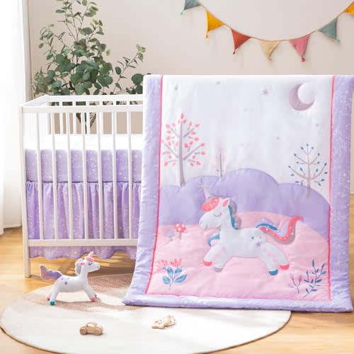 4-Piece Crib Bedding Set for Baby Boys Girls, Infant Toddler Nursery Baby Bedding Sets Includes Cartoon Quilt, Fitted Crib Sheet, Crib Skirt and Plush Unicorn Toy