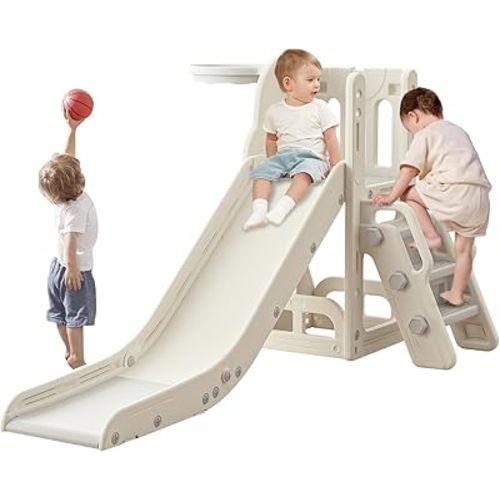 Toddler Slide,Kids Climber Slide with Storage Space and Non-Slip Steps,Indoor Outdoor Playset with Basketball Hoopa and Telescope,Slide for Toddlers Age 1-3