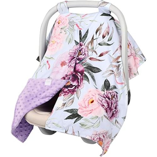 Baby Car Seat Cover, Peekaboo Opening Car Seat Canopy for Baby Girls Boys, Mom Nursing Breastfeeding Covers, Blanket for Infant, Pink Purple