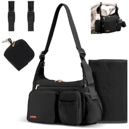 2-in-1 Puffy Diaper Bag, Crossbody Stroller Caddy & Mom Purse, 13L Lightweight Travel Duffle Bag for Baby, Work Commute, Gym, Labor Delivery (Black)