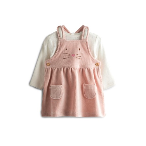 Long Sleeve Pointelle Knit Bodysuit & Bunny Corduroy Pinafore Dress Set, 0-3M