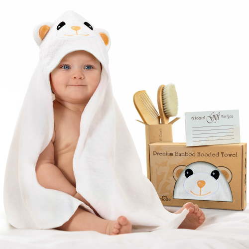 KERMODE Baby Hooded Towel Set 100 % Bamboo Baby Bath Set with Baby Washcloths, Includes, Wooden Comb, Soft Baby Brush Premium Natural Organic Bamboo Washcloths Baby Towels for Boys and Girls