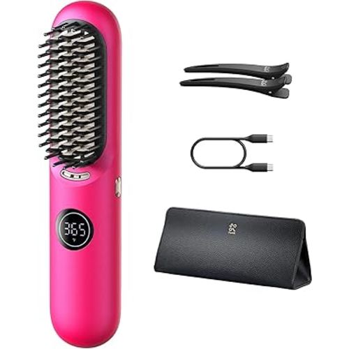 Fanttik Solo I10 APEX Portable Hair Straightener Brush, Cordless Straightening Comb with 113% Larger Heating Area, LED Display & Ceramic Coating, Ionic Technology & Safe Mode - Pink