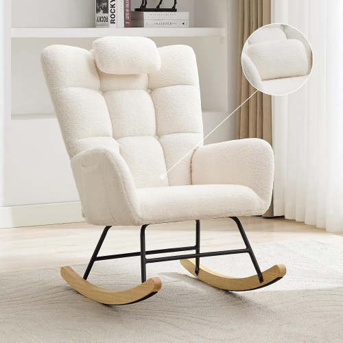 Nursery Rocking Chair, Teddy Upholstered Glider Rocking Chair with High Backrest, Armchair Reading Chair for Adults, Nursery, Bedroom, Living Room, Office, White Without Ottoman