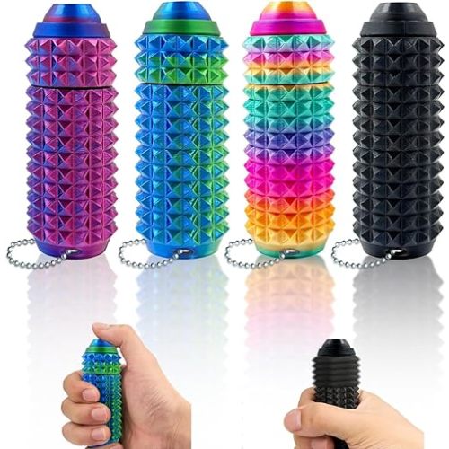 Little Pain Ouchies Fidget (4PCS), With Clicker Button & Spinner Pain Stim Fidget Sensory Toy for Adults & Teens. 3D Printed Spin Spiky Grippie Keychain for Stress Relief & Focus Novelty Gifts (Laser)