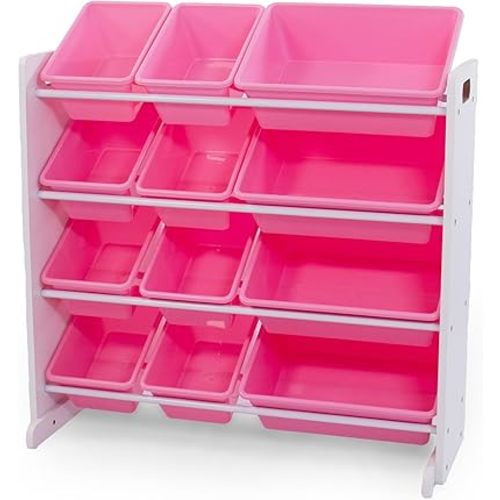 Humble Crew Toy Storage Organizer with 12 Removable Storage Bins for Kids Playroom, 4-Tier Toddler Toy Organization, White/Pink