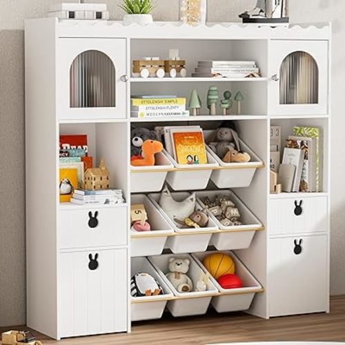 Toy Storage Organizer, Large Toy Storage Chest with Removable Bins, 19 Storage Spaces, Toy Organizer with 2 Movable Drawers and 9 Box Bins, Kids Bookshelf and Bookcase with Drawers for Boys and Girls