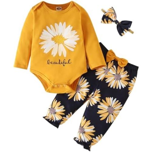 Fullfamous Baby Girl's 3pc Frill Long Sleeve Romper and Pant Set