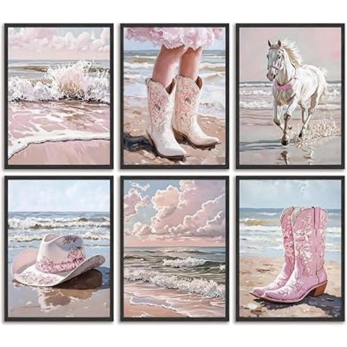 6Pcs Coastal Cowgirl Canvas Wall Art Beach Prints Horse Cowboy Boots Hat Ocean Waves posters Pink Western College Style Wall Decor Pictures for Bedroom Bathroom Living Room Girl Room Unframed