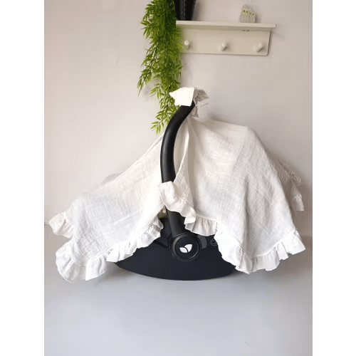 Cotton Muslin Baby Car Seat Canopy Cover, Bow Accents, Stroller Protection