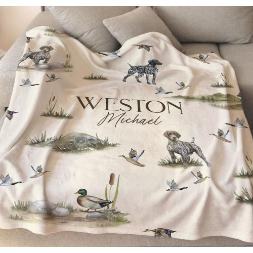 GSP Dog Blanket Name Custom GSP Baby Gift Personalized Mallard Duck Nursery Decor German Shorthaired Pointer Blanket Hunting Theme Baby Boy