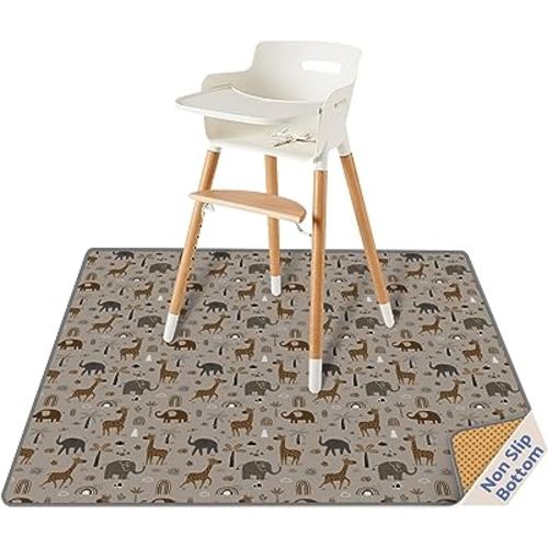 Blissful Diary Baby Splat Mat for Under High Chair, 50.4 x 50.4 Inch Wipeable Splash Mat, Waterproof and Washable, Anti-Slip Floor Protector, Elephant&Giraffe