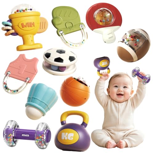 Boy Girl Baby Gym Rattle Toy Set, Infant Teether Sensory Toy for 0+ Months | Baby First Gym Rattle Toy, Newborn Infant Sports Teething Rattles, 1st Birthday Shower Gifts for Boy Girl 3-6-12 Months-10PCS