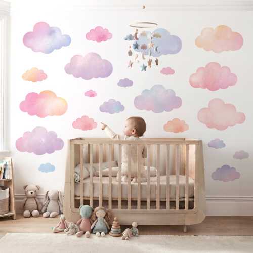 DECOWALL Pastel Cloud Wall Art Prints – Watercolour Sky Stickers for Nursery Bedroom or Playroom Decor (DS9-8099)