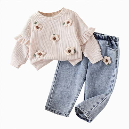 Enyan Toddler Baby Girl Clothes Fall Winter Baby Girl Outfit Floral Crewneck Sweatshirt Bell Bottom Jeans Pants Set,2-3 Years